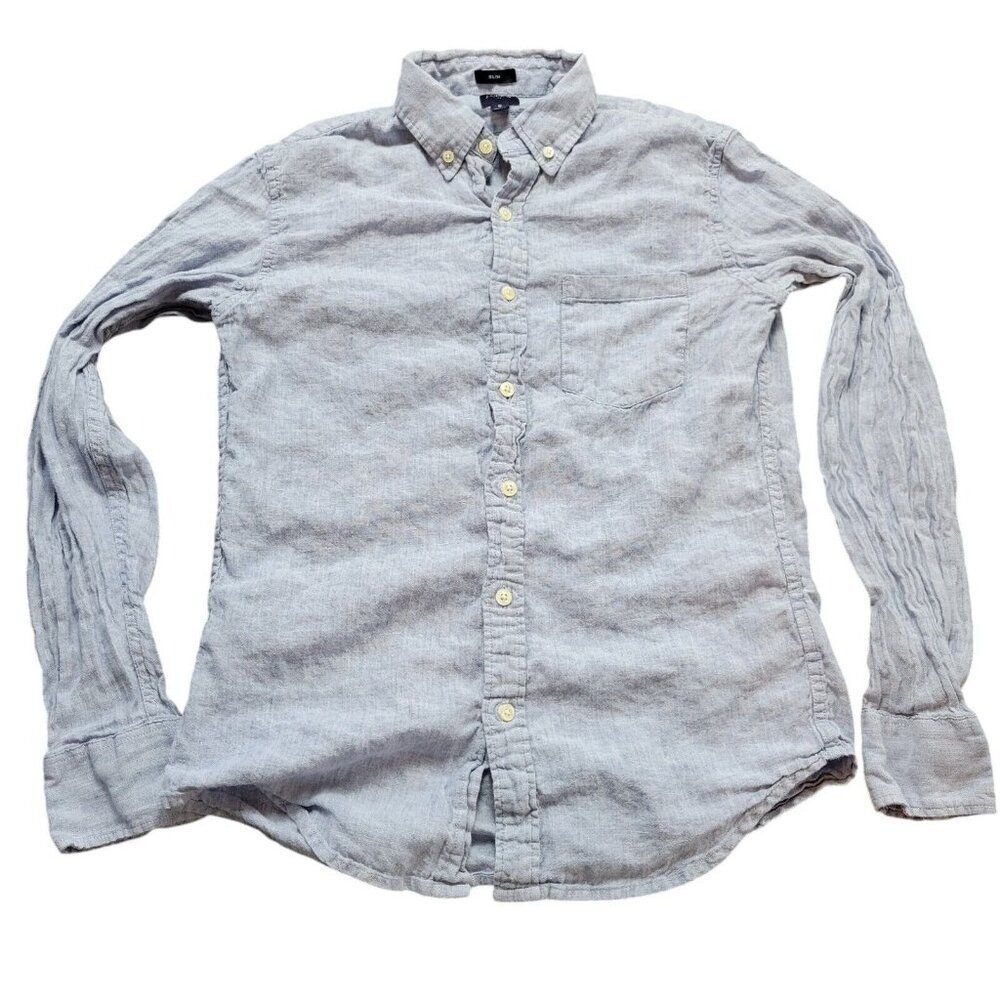 J Crew Shirt Mens Small Blue Slim Fit Linen Blend Long Sleeve Button Up Preppy